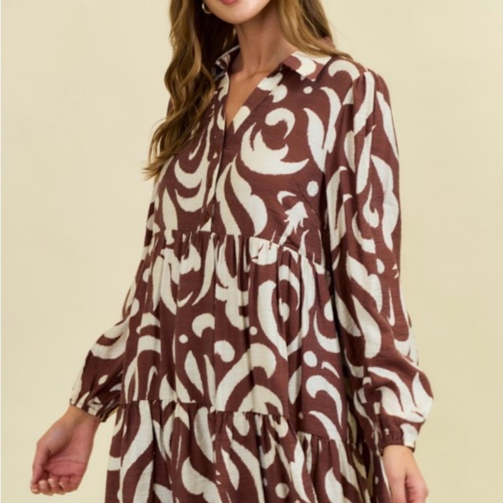 Doe and Rae Chocolate Leaf Printed Poplin Half Button Down Mini Dress - Picture 2 of 5